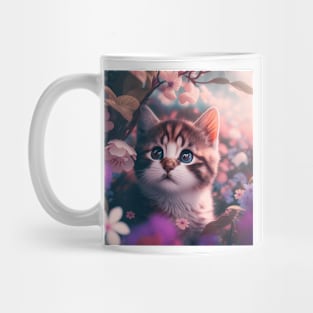 Cute Brown Kitten Floral Background | White, brown and grey cat with blue eyes | Digital art Sticker Mug